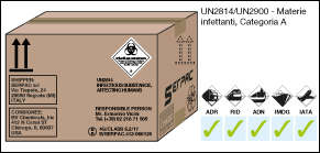 Imballaggio etichettato per UN28142900 Materie infettanti, Categoria A imballata con ghiaccio secco